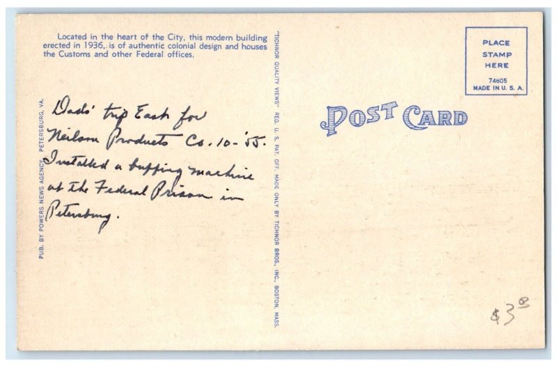 c1940 US Post Office Exterior Building Petersburg Virginia VA Vintage Postcard