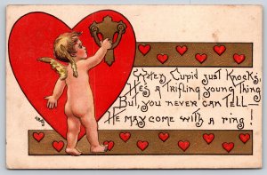 HBG Valentine~Cupid at Heart Door Knocker~May Have Ring~Red Gold Embossed~L&E