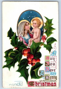 1909 Christmas Religious And Holly Berries Embossed Vincennes IN Posted Postcard