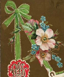 1907-15 Christmas Green Ribbon Postcard Greetings Pink Flowers Gold Embossed 