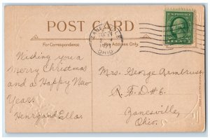 1923 Christmas Greetings Holly Winter Snow House Embossed Zanesville OH Postcard