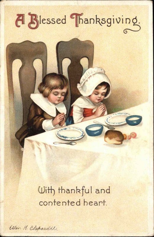Thanksgiving Children Praying Bonnet Embossed Vintage Postcard