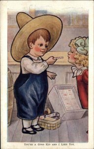 Little Boy Overalls Gives Candy Cane to Girl You're a Good Kid Vintage PC