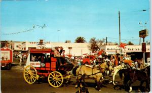 WICKENBURG, AZ   Street  Scene Stage Coach  PARADE Mobilgas  c1950s  Postcard