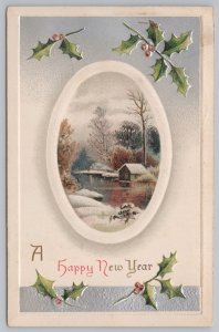 Holiday~Holly & River In Circle New Year Greeting~Vintage Postcard 