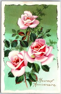 Heureux Anniversaire Greetings Pink Roses Bouquet Wishes Card Postcard