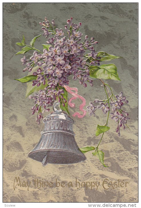 May thine be a happy Easter, Violets, Silver bell, pink ribbon,  PU-1909