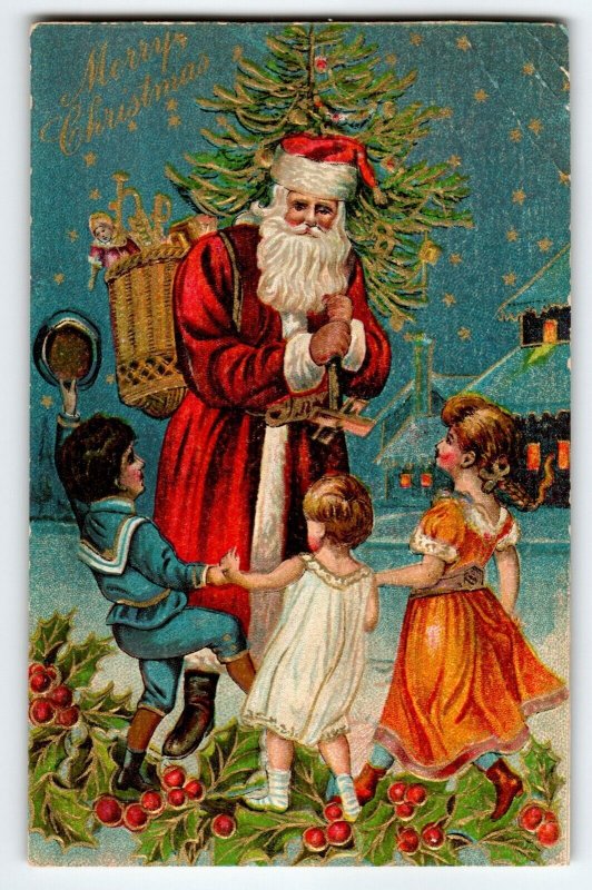 Santa Claus Christmas Postcard Saint Nick Tree Children Dancing Stars Embossed