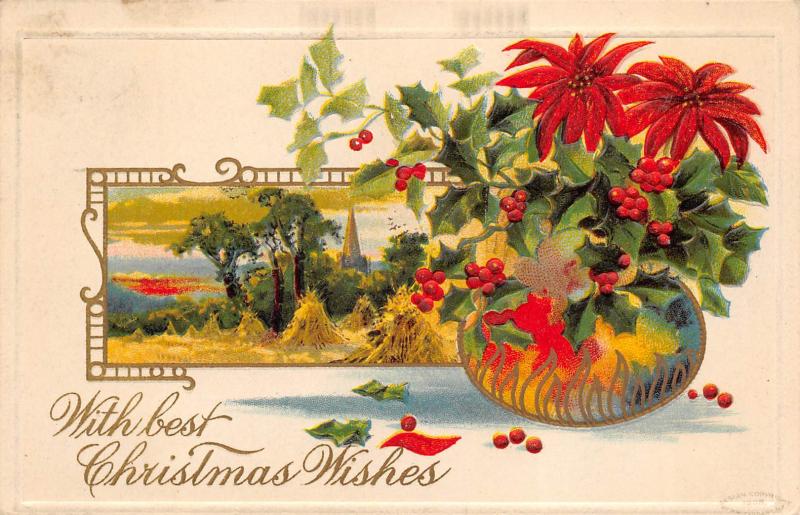Christmas Wishes 1909 Embossed Postcard Wheat Poinsettias & Holly in Vase