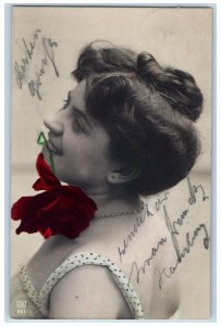 c1910's Pretty Woman Red Flowers Bite Hamburg Germany RPPC Photo Postcard 