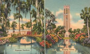 Postcard 1930's Cypress Gardens & Singing Tower Winter Haven Lake Wales Florida