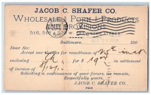 1910 Jacob C. Shafer Co. Wholesale Pork Products Baltimore MD Postal Card