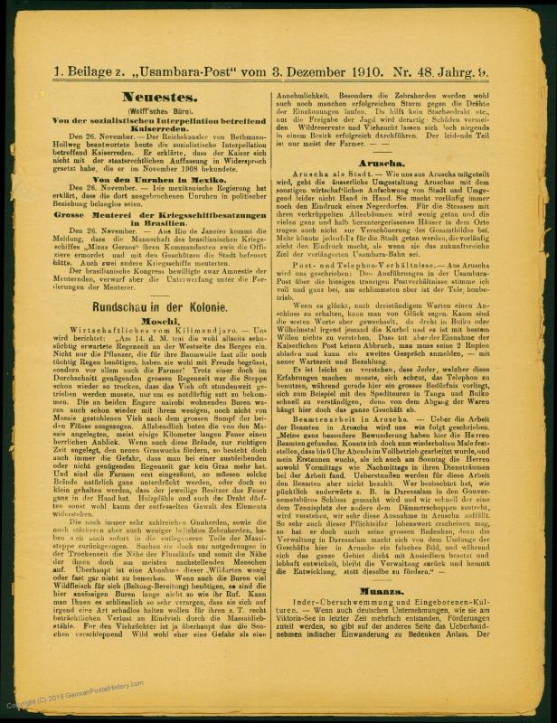 Germany 1910 E Africa Deutsche Ost-Afrika Usambara Post Complete Newspaper 73337