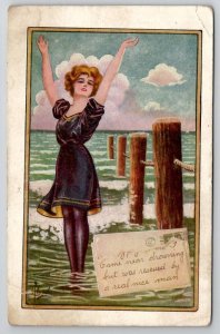 Victorian Beach Babe Came Near Drowning Rescued by Nice Man Maine Postcard E30