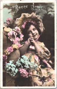 Cute Victorian Girl Portrait Bonne Annee Vintage RPPC 09.23