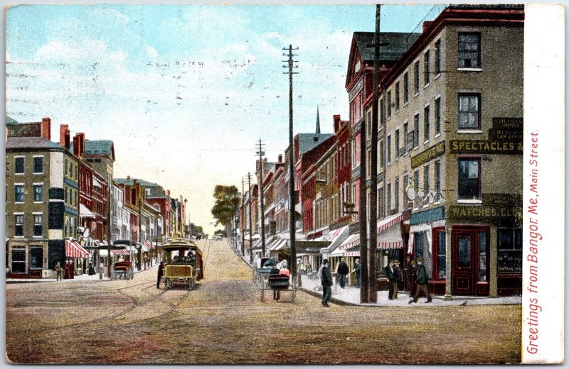 VINTAGE POSTCARD STREET SCENE CROWDS TRAMWAYS ON MAIN STREET BANGOR MAINE 1905 