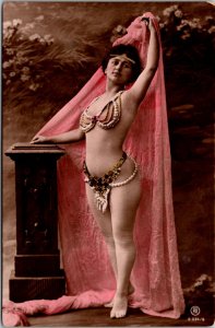 Woman in Scanty Beaded Costume, Tinted Vintage Postcard Z26