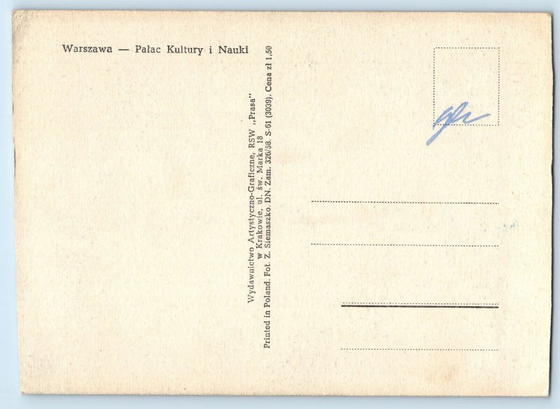 Warsaw Poland Postcard Palace of Culture and Science c1960's Unposted Vintage