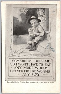 Little Boy Reading A Valentines Card Drawing Somebody Loves Me Postcard
