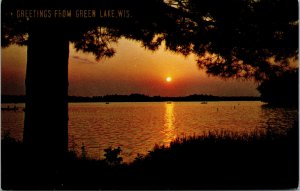 Vtg 1950s Greetings from Green Lake Summer Evening Sunset Wisconsin WI Postcard