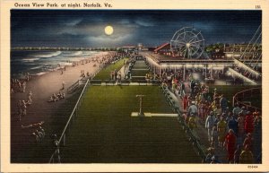 Linen Postcard Ocean View Park at Night in Norfolk, Virginia