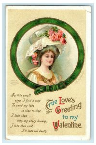 1912 Valentine Beautiful Woman Flowers Head Cap Clapsaddle (?) Embossed Postcard 