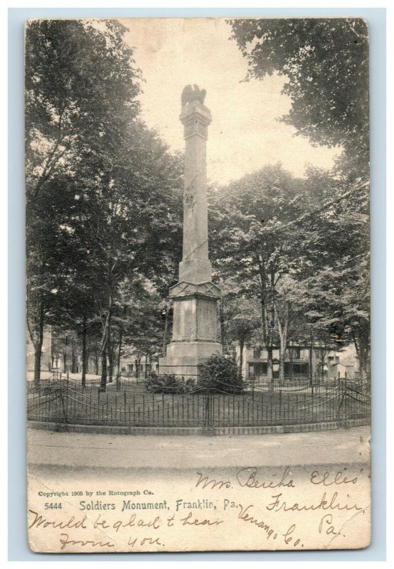 C. 1905 Soldiers Monument, Franklin, Pa. Postcard P171