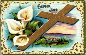 Vtg 1910s Easter Joys Lilies Gold Cross Jerusalem Scene Embossed Postcard