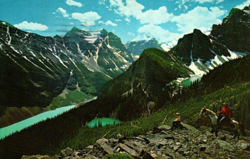 VINTAGE POSTCARD HORSEBACK AT LAKE LOUISE MIRROR & AGNES CANADIAN ROCKIES 1966