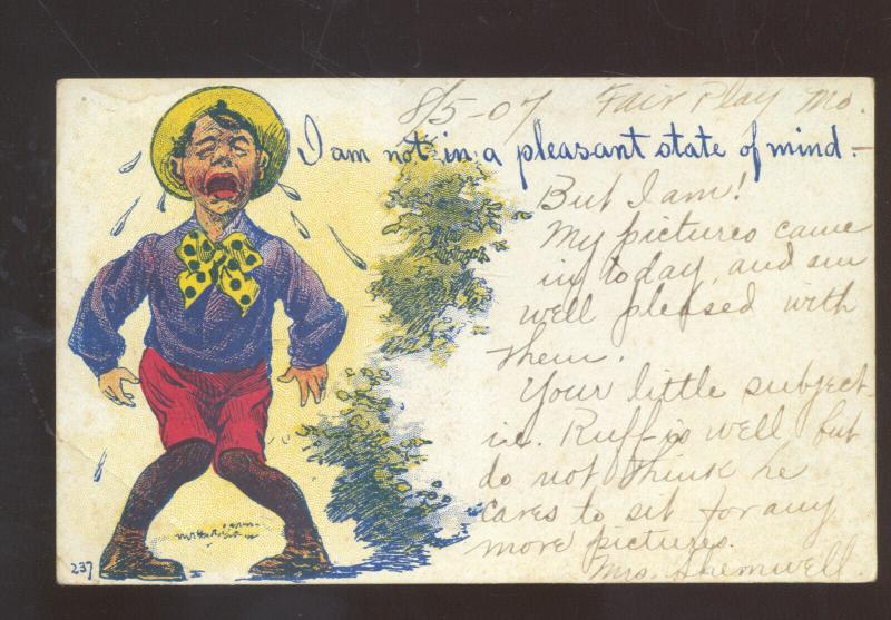 NOT IN A PLEASANT STATE OF MIND CRYING BOY VINTAGE COMIC POSTCARD BOLIVAR MO.