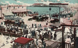Vintage Postcard 1911 Manhattan Bathing Beach Crowd Cottages Chicago Illinois IL