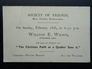 Birmingham SOCIETY OF FRIENDS Faith as a Quaker c1937 Business Memo Postcard