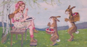 Cute Rabbits Bunnies A/S F Schenkel Antique Vintage Easter Postcard German