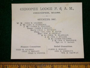 1887 Chicopee Lodge, F. & A. M. Masonic, Chicopee, MA Victorian Trade Card F13