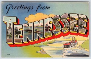 GREETINGS FROM TENNESSEE LARGE LETTER LINEN VINTAGE POSTCARD STEAMBOAT UNUSED