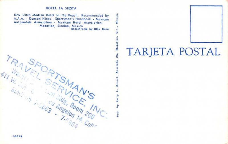 Hotel La Siesta Mexico Tarjeta Postal Unused 