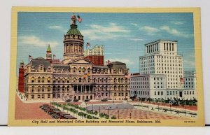 Md City Hall, Municipal Office Building, Memorial Plaza Baltimore Postcard I2