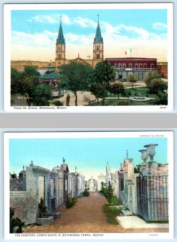 2 Postcards MATAMOROS, Tamaulipas Mexico ~ PLAZA de ARMAS & CEMETERY c1930s