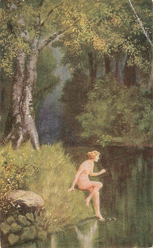 Female nude. Erotoicism  Old vintage French, artist drtawn, postcard