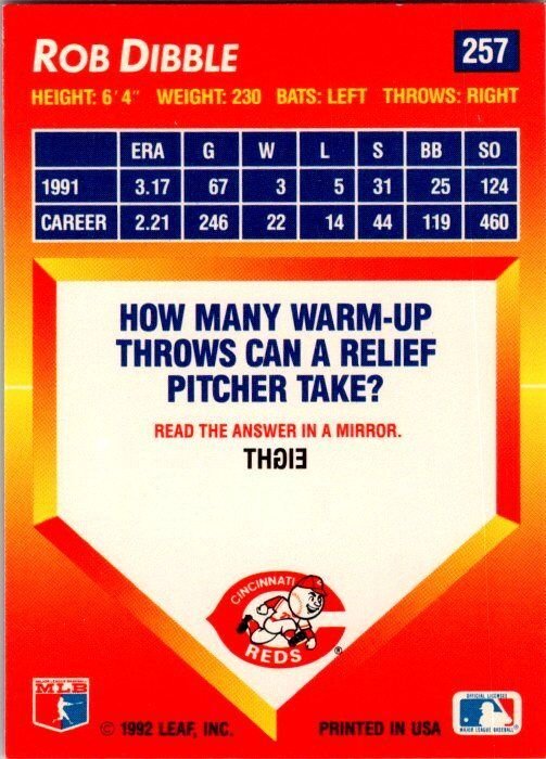 1992 Donruss Baseball Card Rob Dibble Cincinnati Reds sk3179