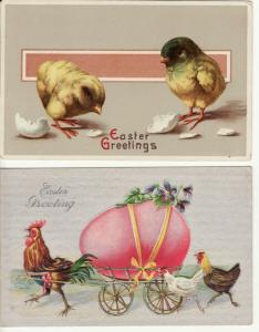 EASTER   CHICKS, ROOSTER, EGG CART  2 postcards
