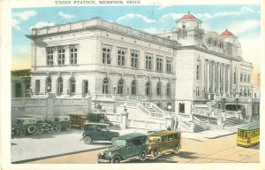 Memphis, TN Union Station 1928 Postcard, Cars, Trolley