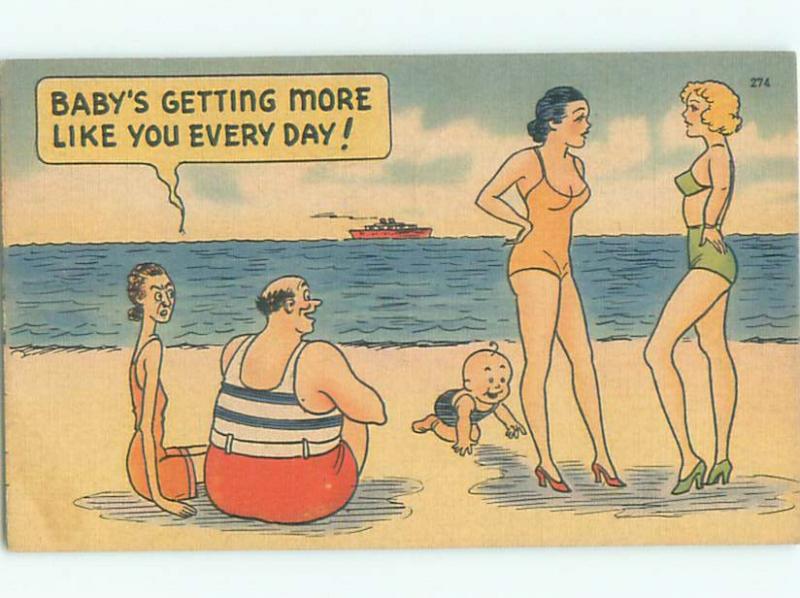 Women Beach Bathing Suit Humor Linen Postcard