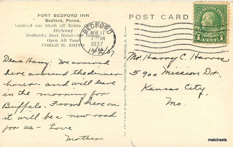 1937 BEDFORD PA Fort Bedford Inn roadside Albertype postcard 2137 Lincoln Hwy