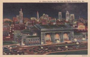 Missouri Kansas City Union Station and Skyline By Night 1949 Curteich