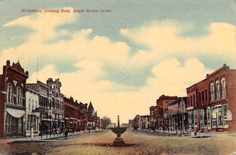 Eagle Grove Iowa~Broadway East~Downtown~Horse Trough~Music House~1912 Postcard 