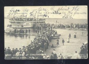 DEVILS LAKE NORTH DAKOTA BOAT LANDING CHAUTAUQUA VINTAGE POSTCARD MAIL BOAT