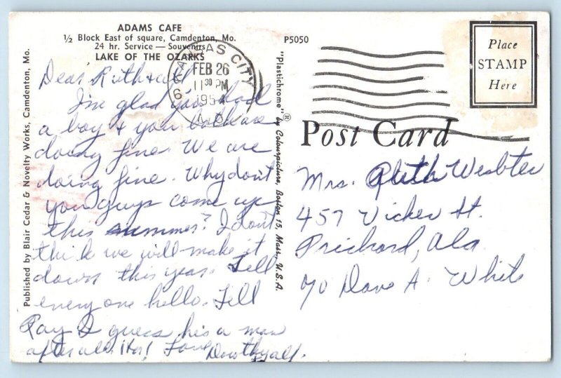 Camdenton Missouri Postcard Adams Cafe Block East Square Lake Ozark 1954 Vintage