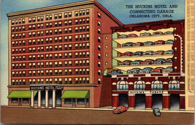 Linen Postcard The Huckins Hotel and Connecting Garage Oklahoma City~4111