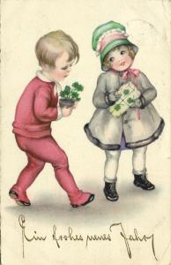 Young Boy and Girl with New Year Gifts (1927) HWB Albaster Series 3307